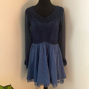 Free People Blue Victoria Lace Dress-Sheer Top And Sleeves-Open Back-Size 6